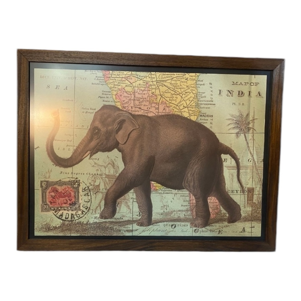 Large Elephant India Travel Map Wooden Print 31”x23”